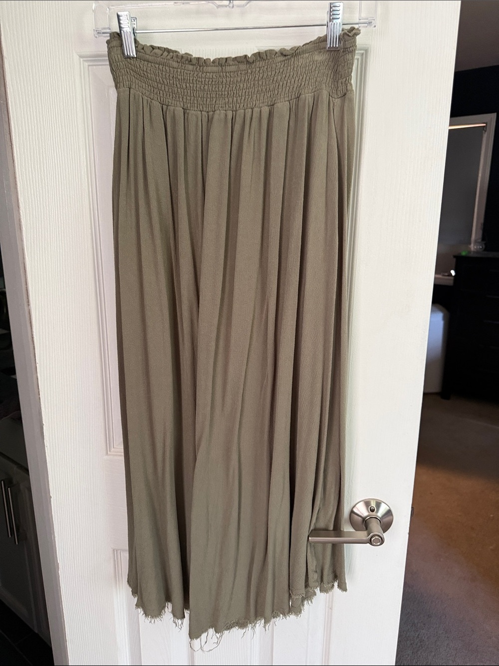 Three Bird Nest Olive Green Midi Skirt with Smocked Waist